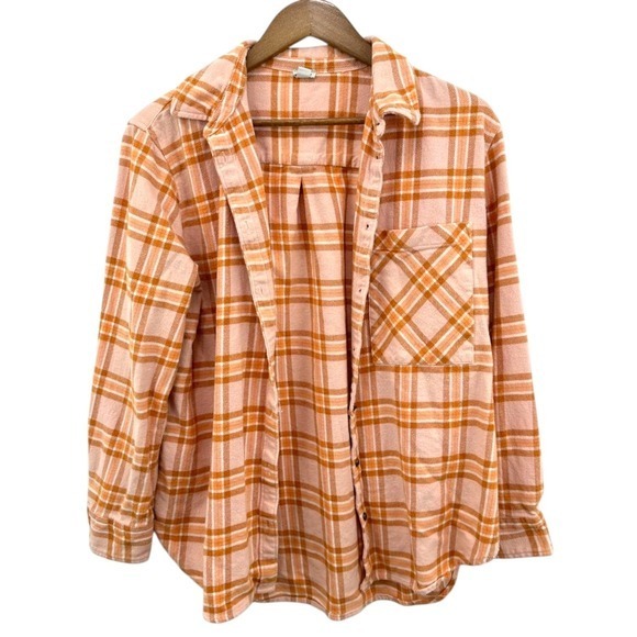 aerie Tops - Aerie Womens‎ Plaid Flannel Shirt Shacket Button Up Long Sleeve Peach Orange